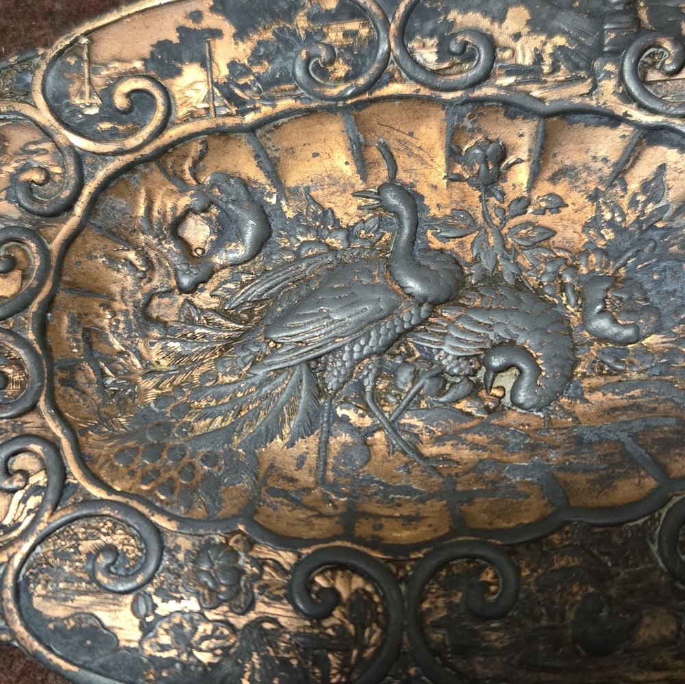 Antique Copper Overlay Dish Asian-influenced Design Patina - Picture 3 of 5